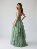 Sage Green Tulle A-Line Lace-Up Back Floor-Length Birthday Dress with Cascading Ruffles - Curvevia