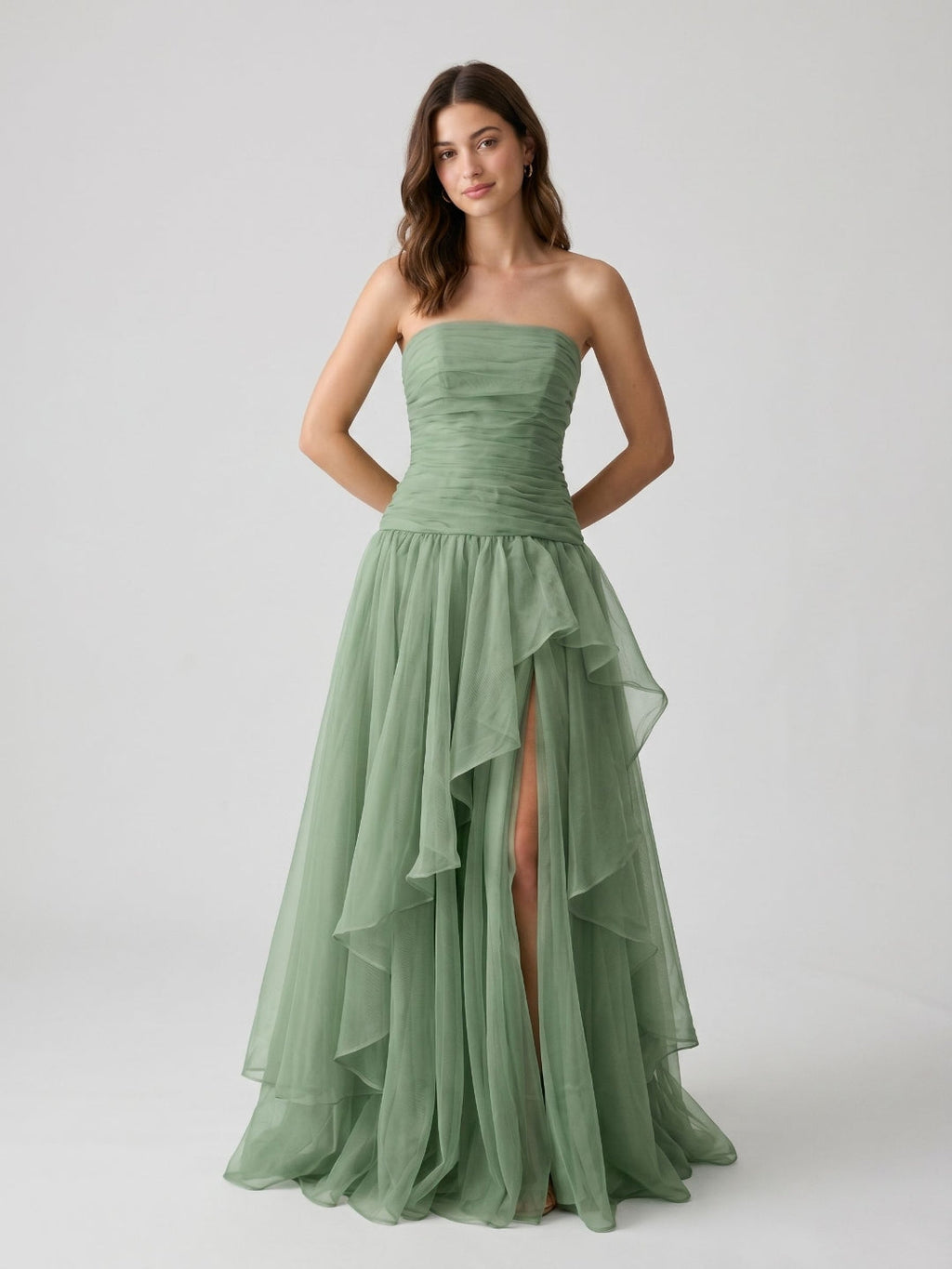 Sage Green Tulle A-Line Lace-Up Back Floor-Length Birthday Dress with Cascading Ruffles - Curvevia