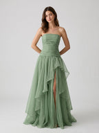 Sage Green Tulle A-Line Lace-Up Back Floor-Length Birthday Dress with Cascading Ruffles - Curvevia