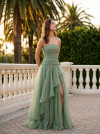 Sage Green Tulle A-Line Lace-Up Back Floor-Length Birthday Dress with Cascading Ruffles - Curvevia