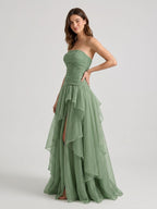 Sage Green Tulle A-Line Lace-Up Back Floor-Length Birthday Dress with Cascading Ruffles - Curvevia