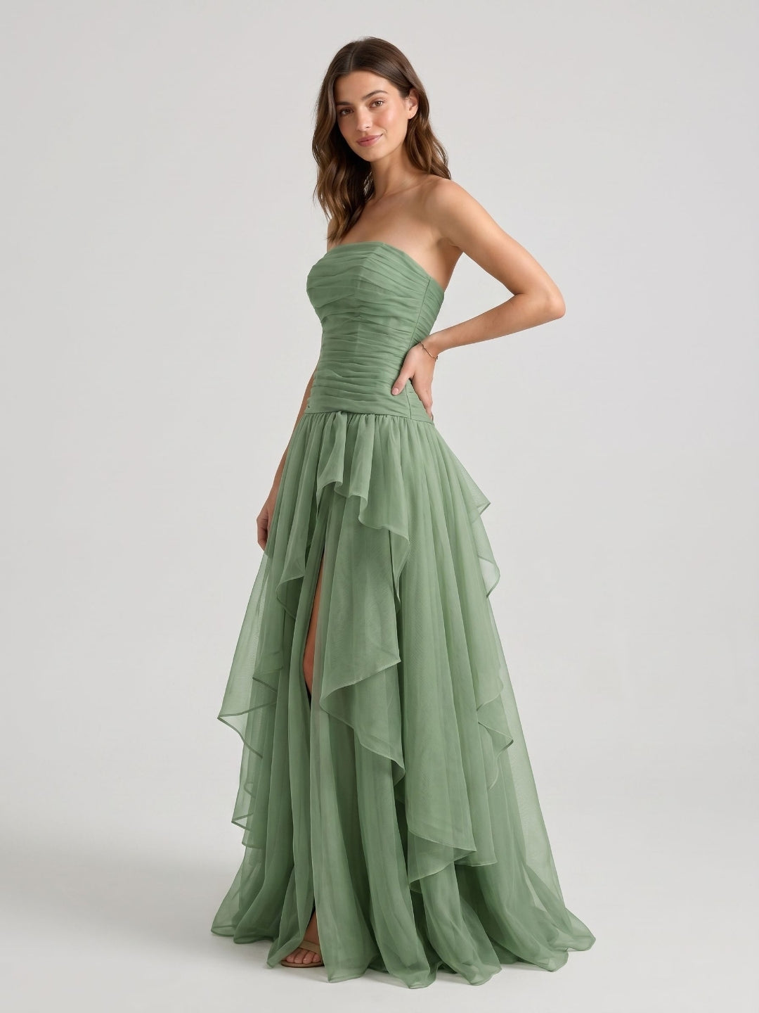 Sage Green Tulle A-Line Lace-Up Back Floor-Length Birthday Dress with Cascading Ruffles - Curvevia