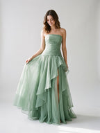 Sage Green Tulle A-Line Lace-Up Back Floor-Length Birthday Dress with Cascading Ruffles - Curvevia