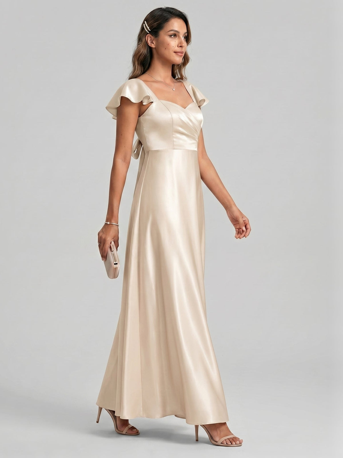 Coquette Sand Satin A-Line Square Neck Backless Ankle-Length Bridesmaid Dress - Curvevia