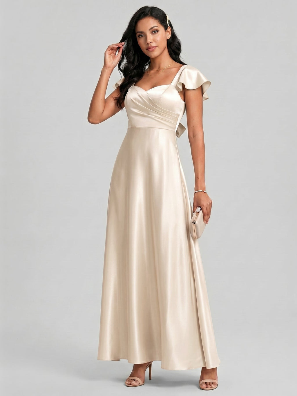 Coquette Sand Satin A-Line Square Neck Backless Ankle-Length Bridesmaid Dress - Curvevia