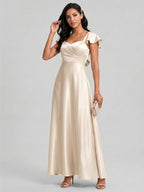 Coquette Sand Satin A-Line Square Neck Backless Ankle-Length Bridesmaid Dress - Curvevia