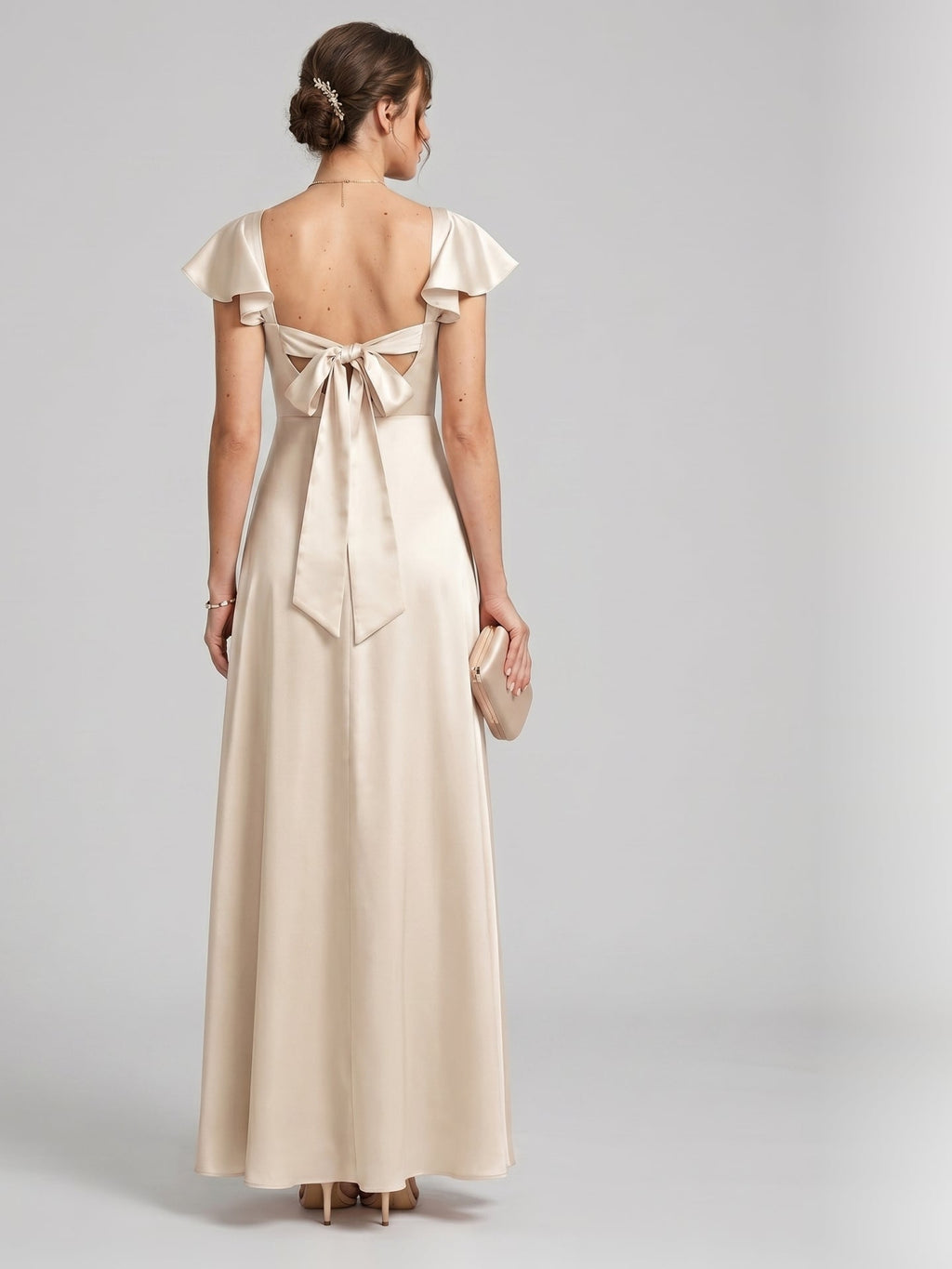 Coquette Sand Satin A-Line Square Neck Backless Ankle-Length Bridesmaid Dress - Curvevia