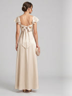 Coquette Sand Satin A-Line Square Neck Backless Ankle-Length Bridesmaid Dress - Curvevia