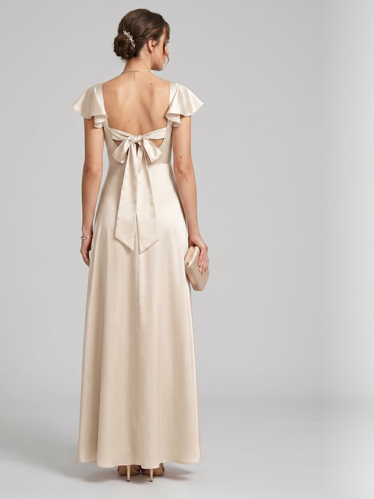 Coquette Sand Satin A-Line Square Neck Backless Ankle-Length Bridesmaid Dress - Curvevia