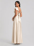 Coquette Sand Satin A-Line Square Neck Backless Ankle-Length Bridesmaid Dress - Curvevia