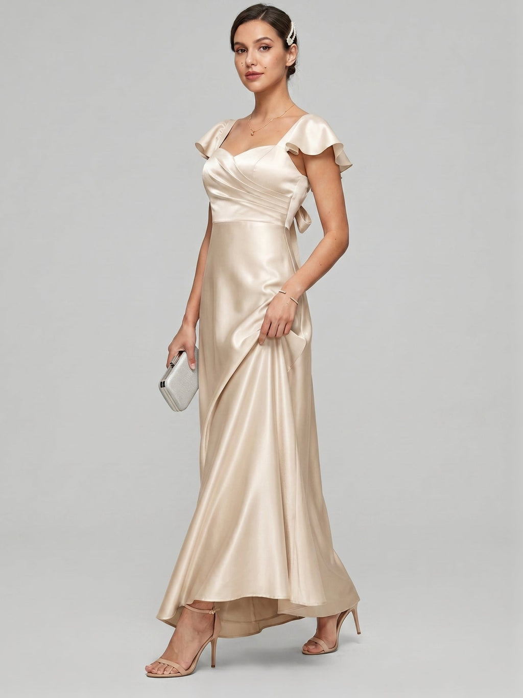 Coquette Sand Satin A-Line Square Neck Backless Ankle-Length Bridesmaid Dress - Curvevia