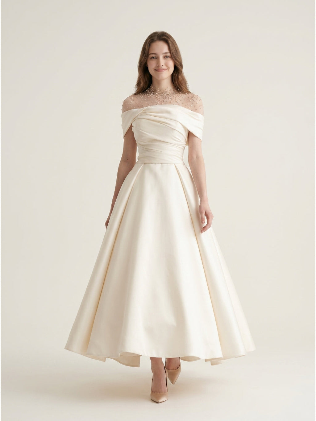 Sand Matte Satin A-Line Off-the-Shoulder Backless Floor-Length Evening Gown with Beading - Curvevia