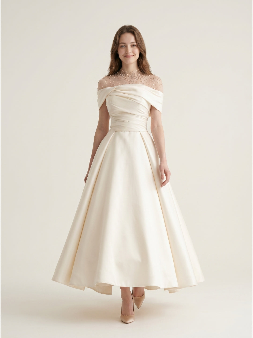 Sand Matte Satin A-Line Off-the-Shoulder Backless Floor-Length Evening Gown with Beading - Curvevia