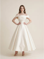 Sand Matte Satin A-Line Off-the-Shoulder Backless Floor-Length Evening Gown with Beading - Curvevia