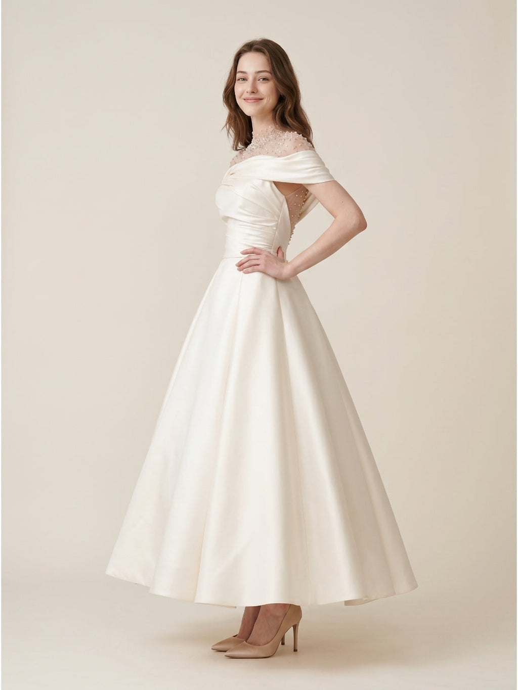 Sand Matte Satin A-Line Off-the-Shoulder Backless Floor-Length Evening Gown with Beading - Curvevia