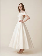Sand Matte Satin A-Line Off-the-Shoulder Backless Floor-Length Evening Gown with Beading - Curvevia