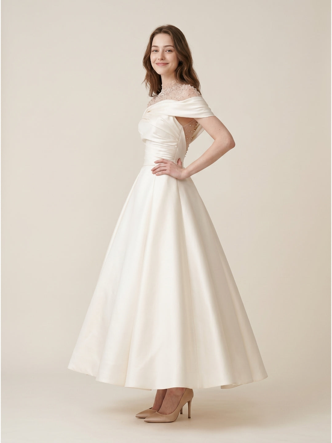 Sand Matte Satin A-Line Off-the-Shoulder Backless Floor-Length Evening Gown with Beading - Curvevia