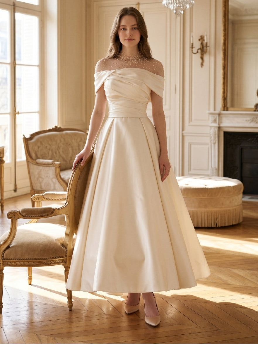 Sand Matte Satin A-Line Off-the-Shoulder Backless Floor-Length Evening Gown with Beading - Curvevia