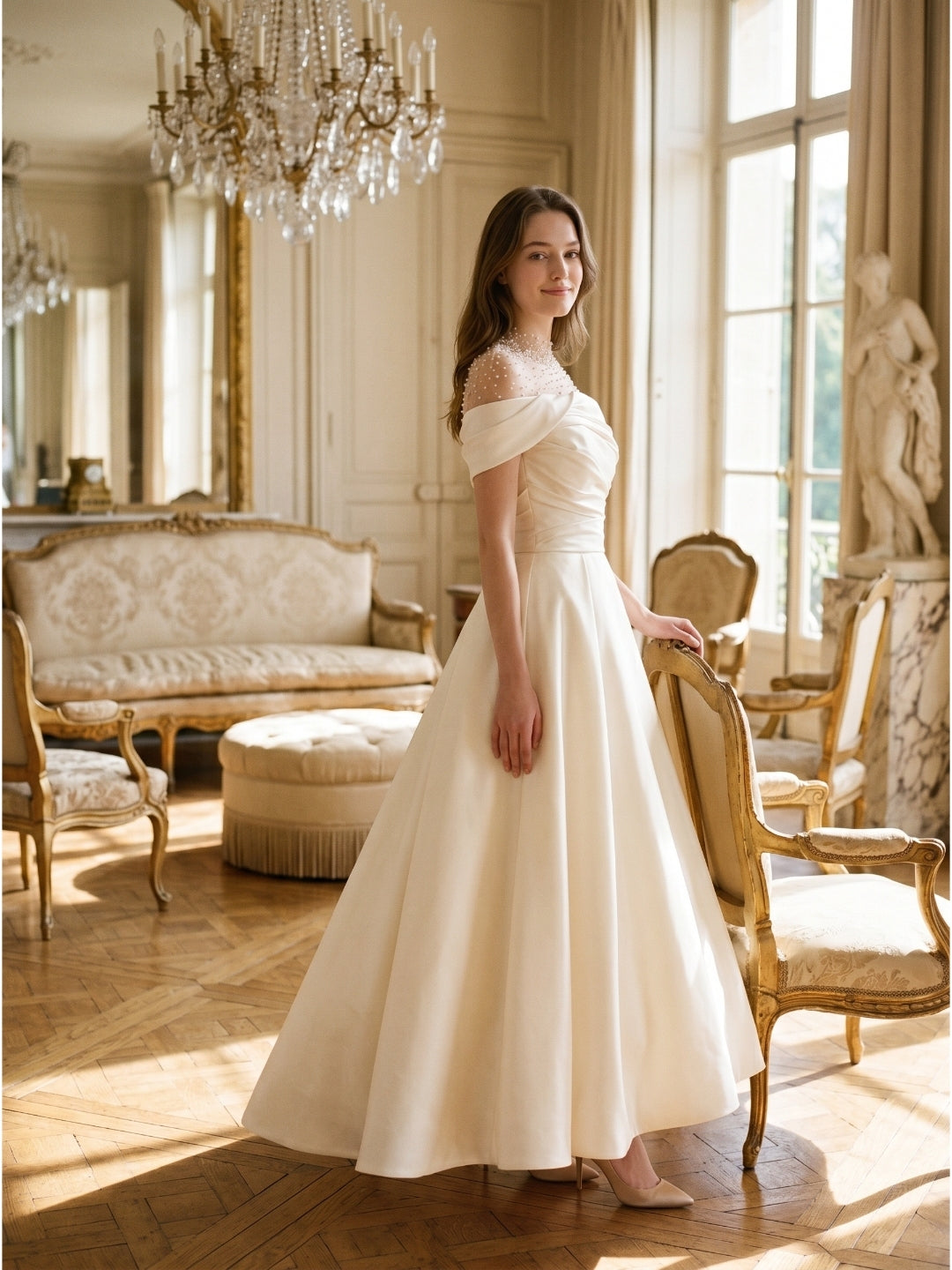 Sand Matte Satin A-Line Off-the-Shoulder Backless Floor-Length Evening Gown with Beading - Curvevia