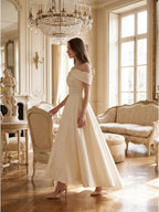 Sand Matte Satin A-Line Off-the-Shoulder Backless Floor-Length Evening Gown with Beading - Curvevia