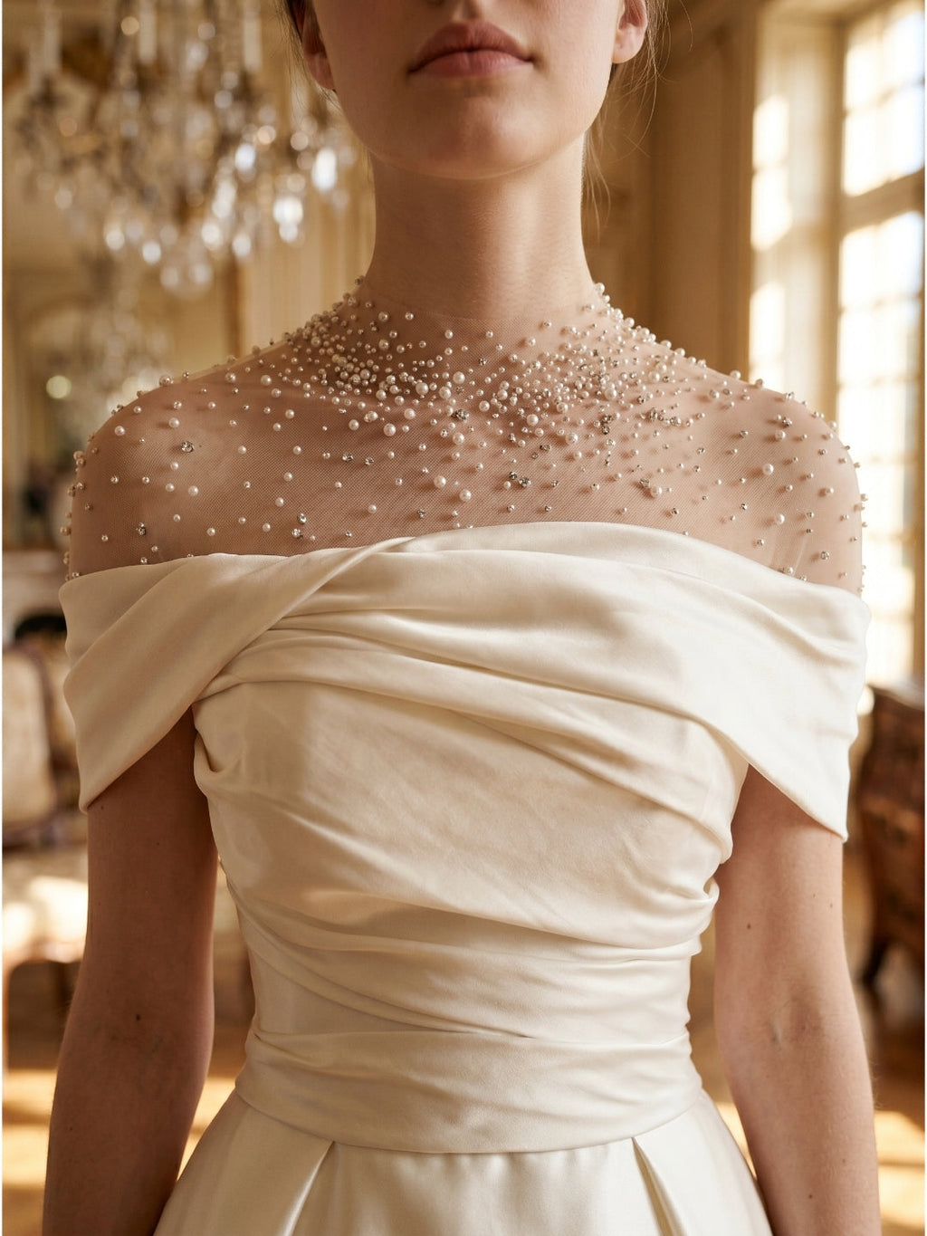 Sand Matte Satin A-Line Off-the-Shoulder Backless Floor-Length Evening Gown with Beading - Curvevia