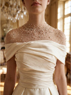 Sand Matte Satin A-Line Off-the-Shoulder Backless Floor-Length Evening Gown with Beading - Curvevia