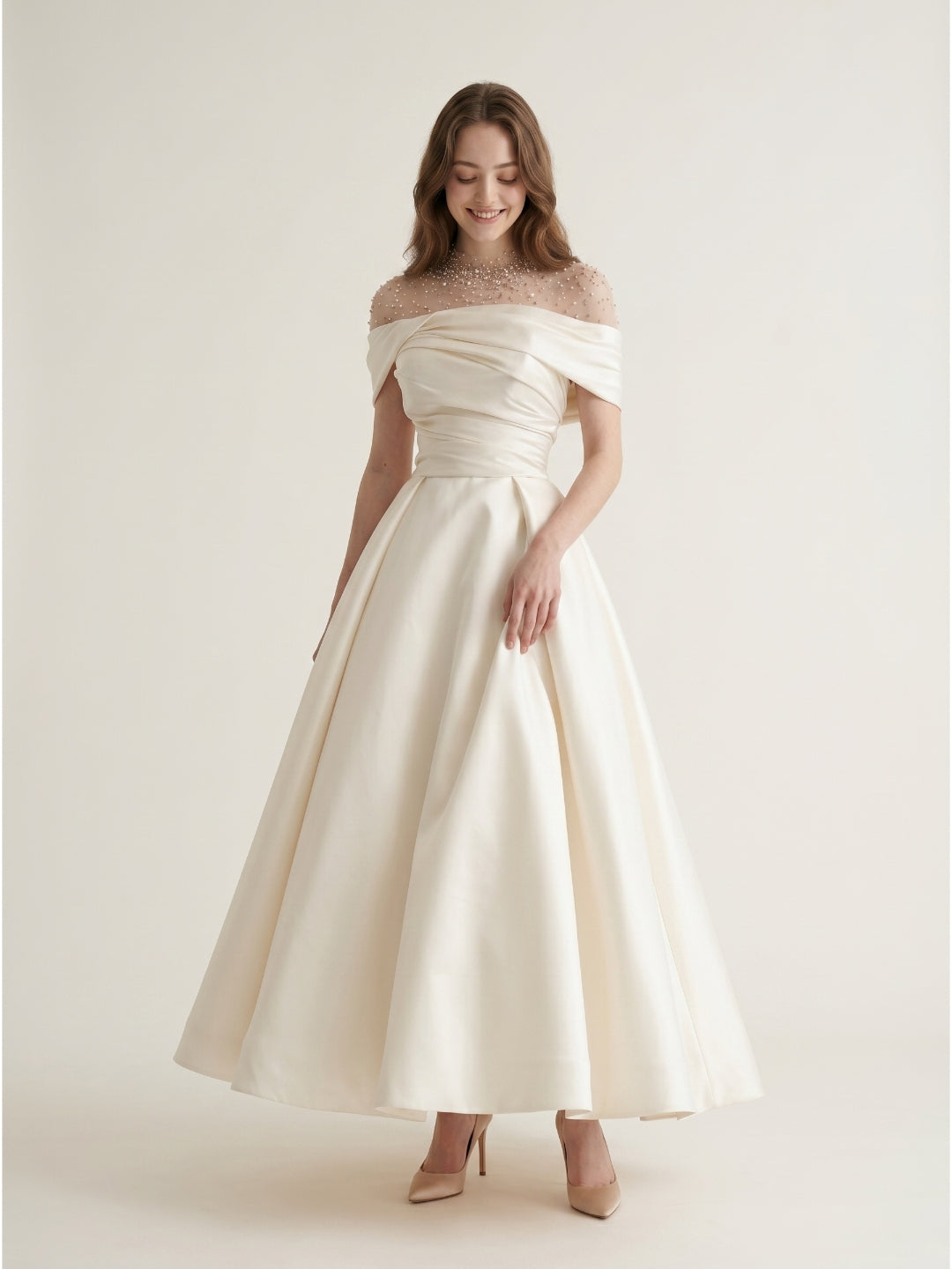 Sand Matte Satin A-Line Off-the-Shoulder Backless Floor-Length Evening Gown with Beading - Curvevia