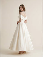 Sand Matte Satin A-Line Off-the-Shoulder Backless Floor-Length Evening Gown with Beading - Curvevia