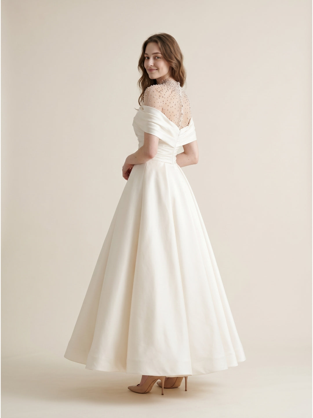 Sand Matte Satin A-Line Off-the-Shoulder Backless Floor-Length Evening Gown with Beading - Curvevia