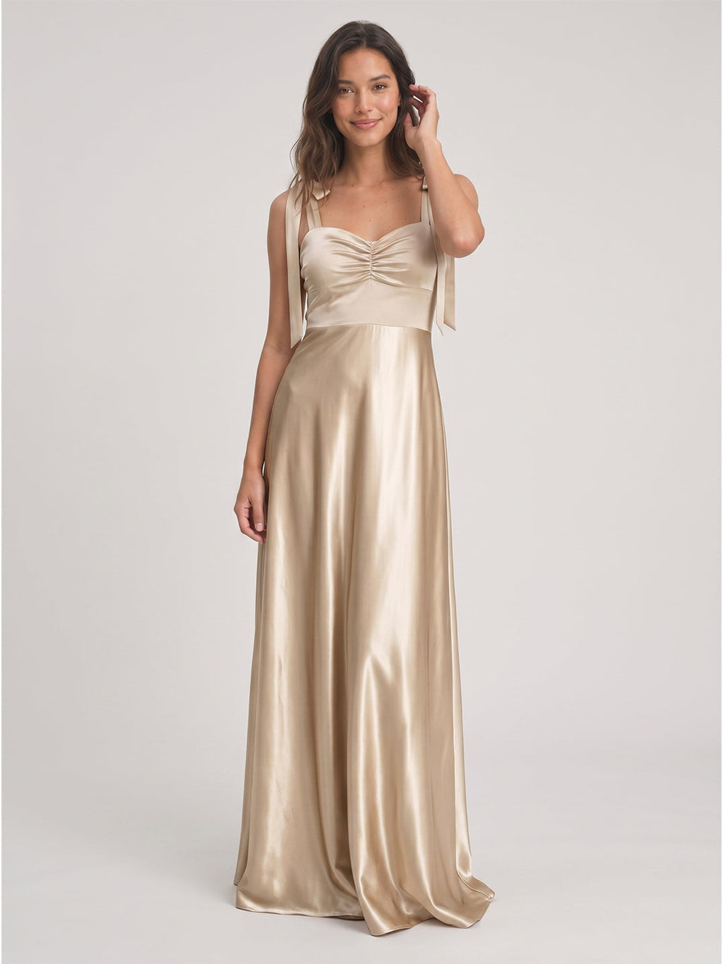 Sand Satin A-Line Square Neck Floor-Length Bridesmaid Dress - Curvevia