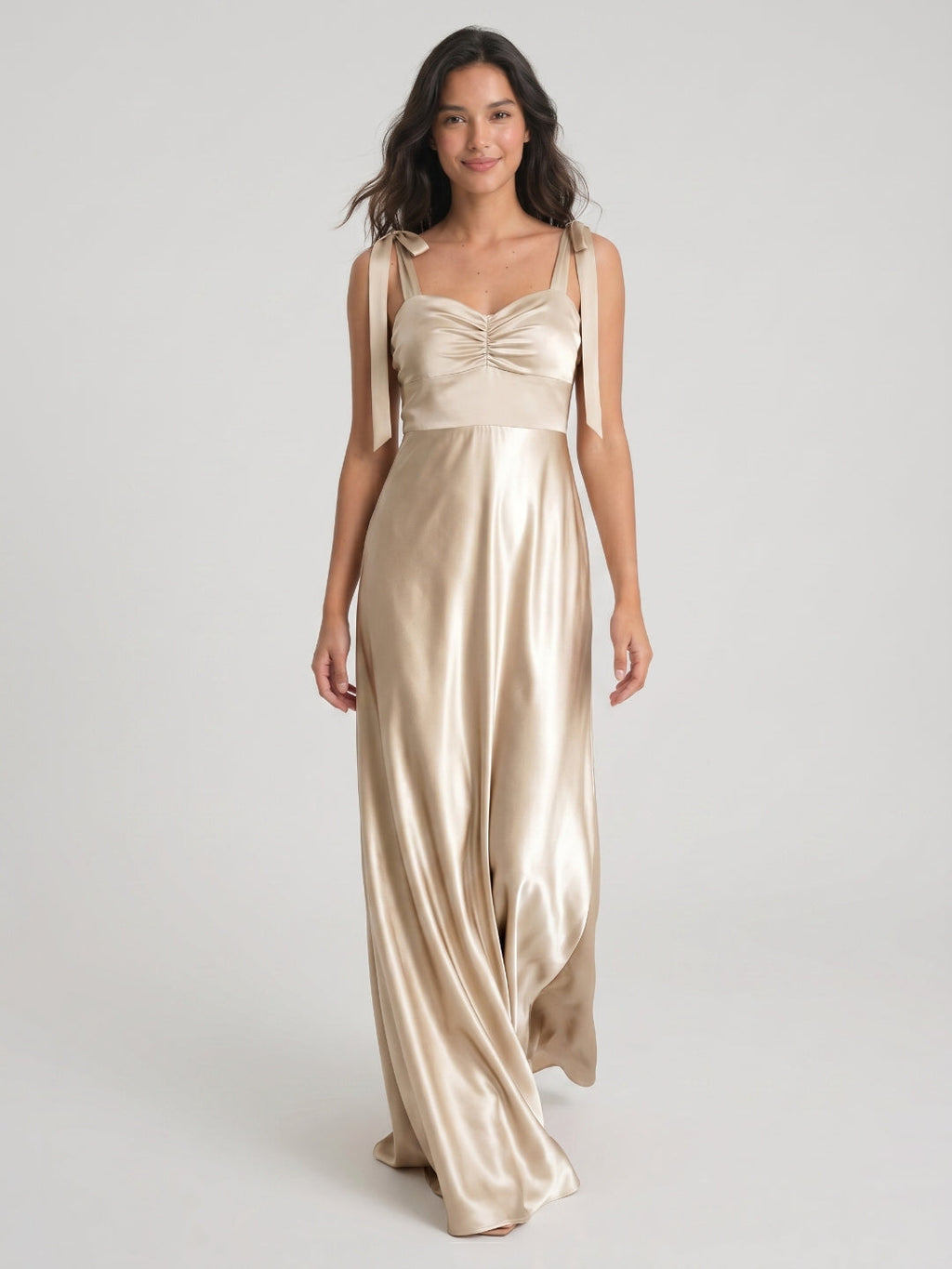 Sand Satin A-Line Square Neck Floor-Length Bridesmaid Dress - Curvevia