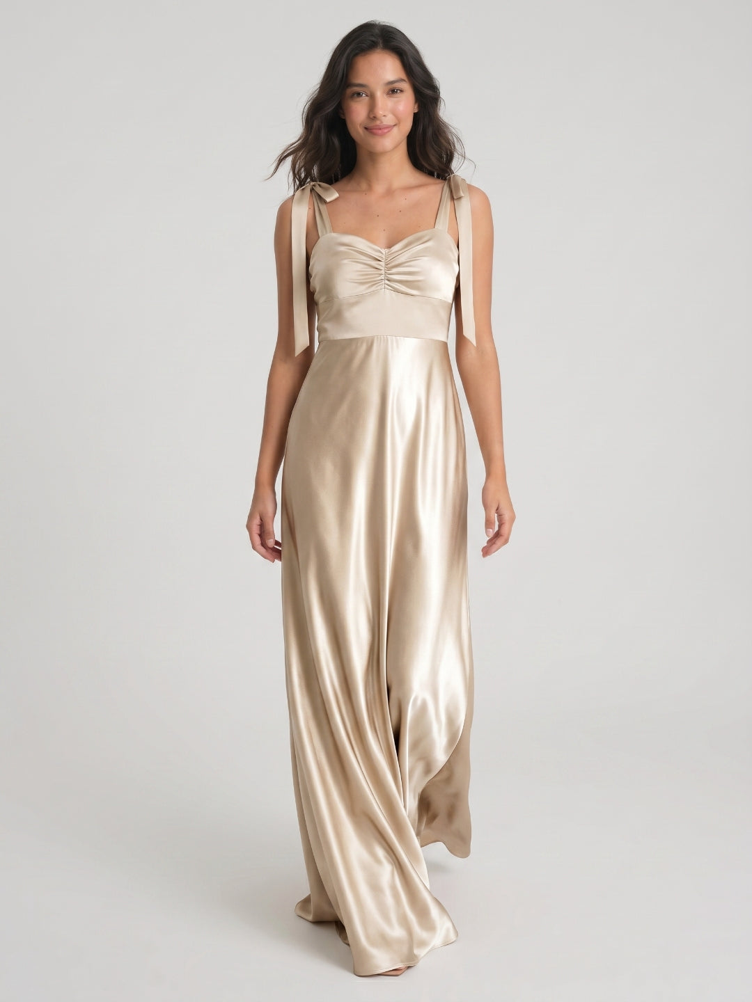 Sand Satin A-Line Square Neck Floor-Length Bridesmaid Dress - Curvevia