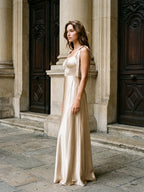 Sand Satin A-Line Square Neck Floor-Length Bridesmaid Dress - Curvevia