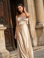 Sand Satin A-Line Square Neck Floor-Length Bridesmaid Dress - Curvevia