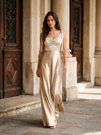 Sand Satin A-Line Square Neck Floor-Length Bridesmaid Dress - Curvevia