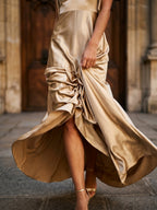 Sand Satin A-Line Square Neck Floor-Length Bridesmaid Dress - Curvevia