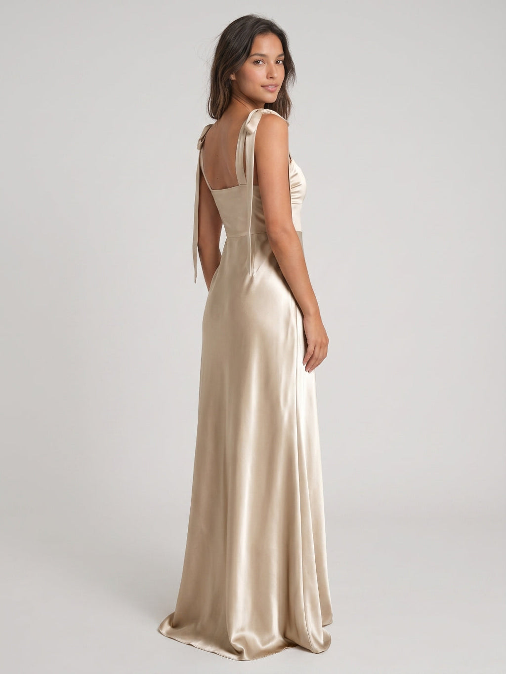 Sand Satin A-Line Square Neck Floor-Length Bridesmaid Dress - Curvevia
