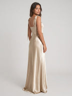 Sand Satin A-Line Square Neck Floor-Length Bridesmaid Dress - Curvevia