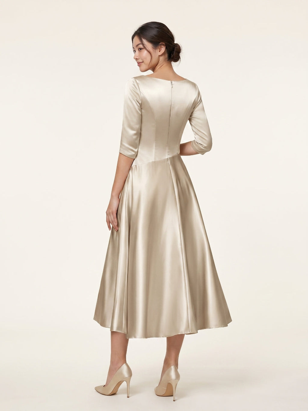 Sand Satin A-Line V-Neck Back Zip Tea-Length Mother of the Bride Dress with Pleats - Curvevia