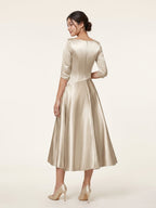 Sand Satin A-Line V-Neck Back Zip Tea-Length Mother of the Bride Dress with Pleats - Curvevia