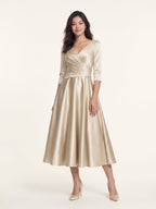 Sand Satin A-Line V-Neck Back Zip Tea-Length Mother of the Bride Dress with Pleats - Curvevia