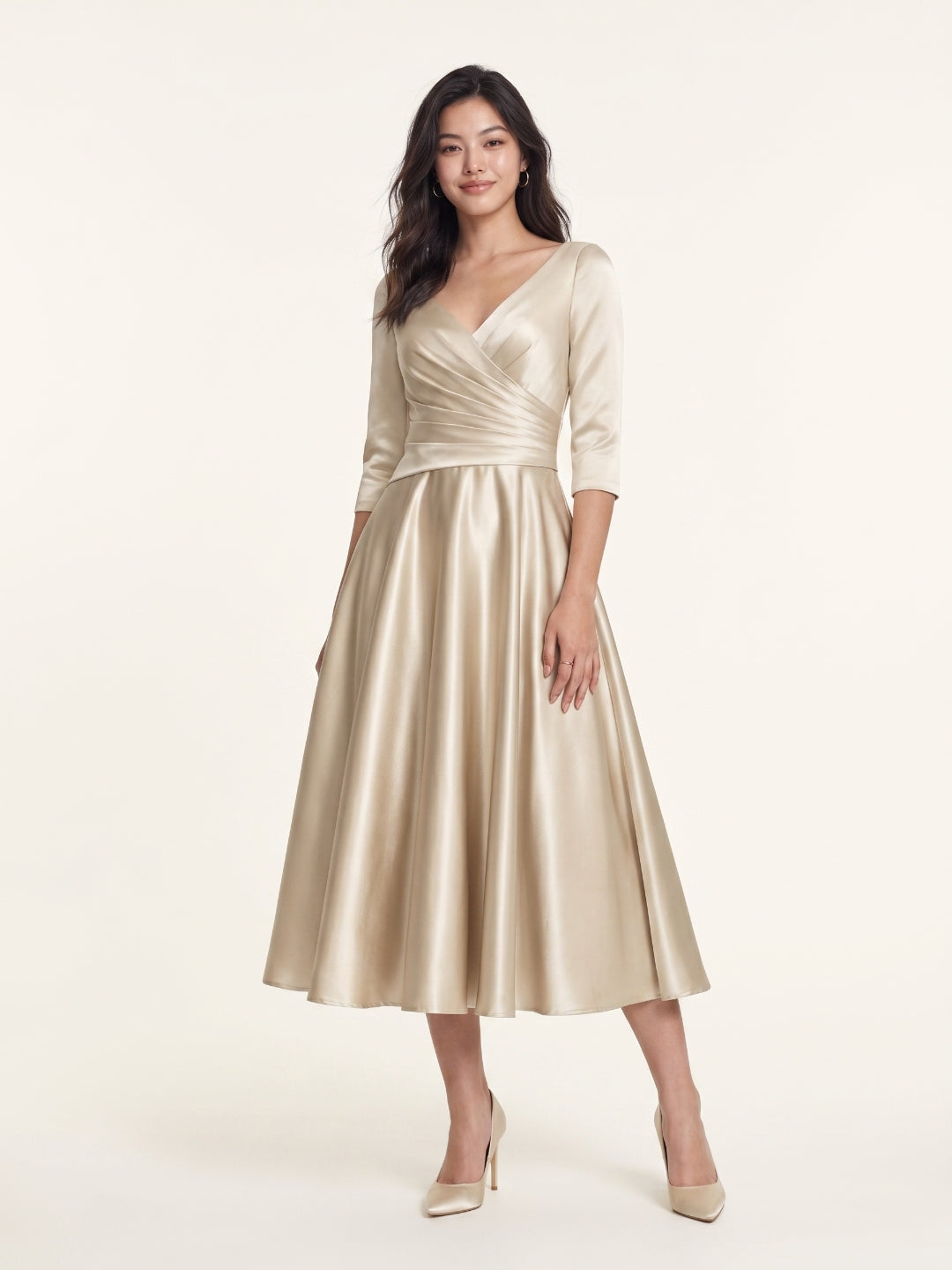 Sand Satin A-Line V-Neck Back Zip Tea-Length Mother of the Bride Dress with Pleats - Curvevia