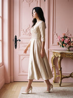 Sand Satin A-Line V-Neck Back Zip Tea-Length Mother of the Bride Dress with Pleats - Curvevia
