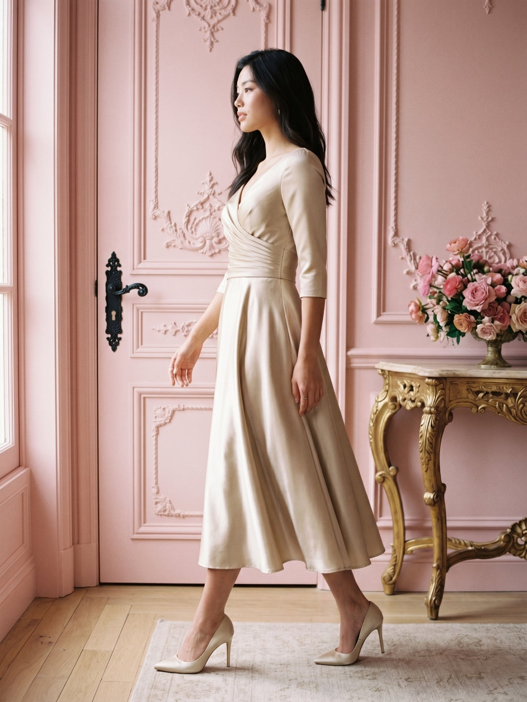 Sand Satin A-Line V-Neck Back Zip Tea-Length Mother of the Bride Dress with Pleats - Curvevia
