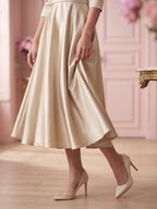 Sand Satin A-Line V-Neck Back Zip Tea-Length Mother of the Bride Dress with Pleats - Curvevia