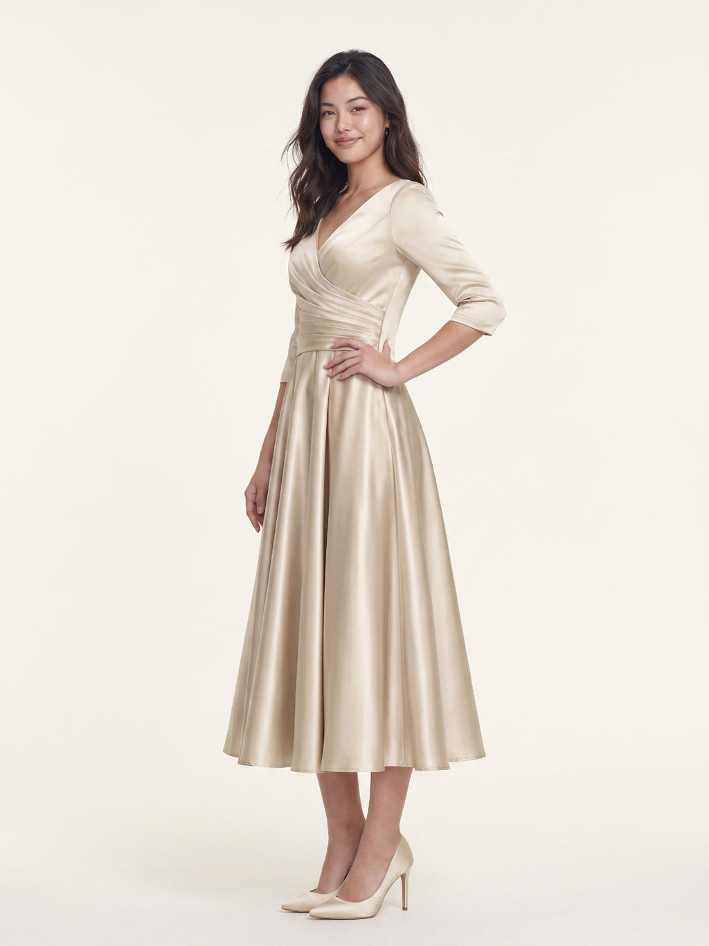 Sand Satin A-Line V-Neck Back Zip Tea-Length Mother of the Bride Dress with Pleats - Curvevia