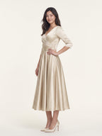 Sand Satin A-Line V-Neck Back Zip Tea-Length Mother of the Bride Dress with Pleats - Curvevia