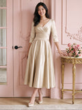 Sand Satin A-Line V-Neck Back Zip Tea-Length Mother of the Bride Dress with Pleats - Curvevia