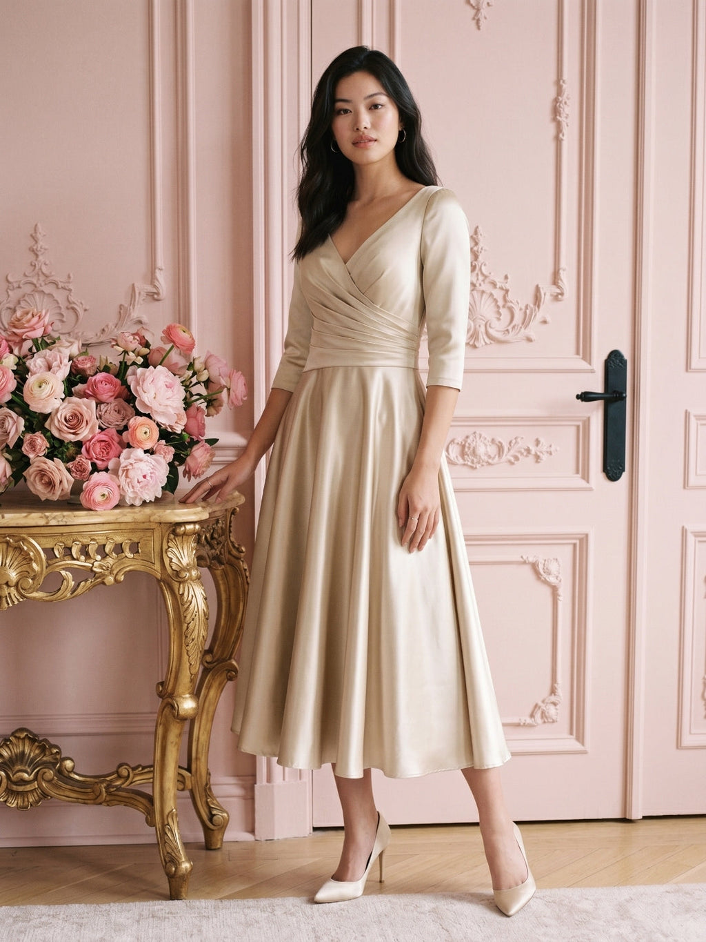Sand Satin A-Line V-Neck Back Zip Tea-Length Mother of the Bride Dress with Pleats - Curvevia