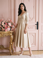 Sand Satin A-Line V-Neck Back Zip Tea-Length Mother of the Bride Dress with Pleats - Curvevia